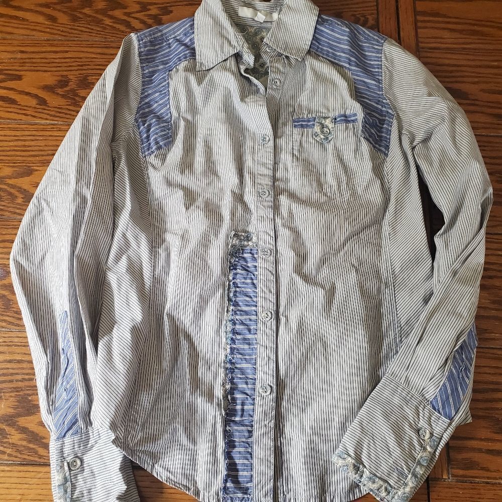 Johnny Was 3J blue striped button down western shi